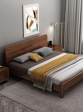 Fls北欧胡桃木实木床1.35现代简约1.2m1.5米1.8高箱储物大2米民宿