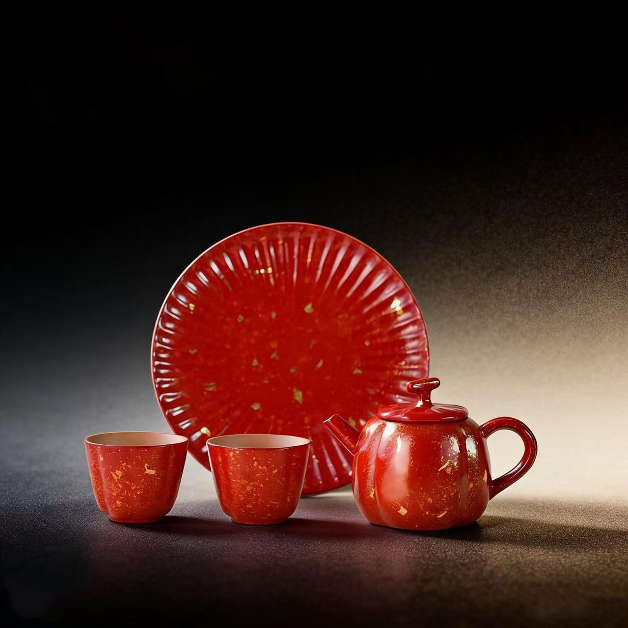 漆器茶具福州大漆手工制作犀皮红金一壶两杯方便携带旅行茶具套装
