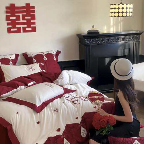 可爱兔100支婚庆四件套大红色爱心被套新婚全棉结婚床上用品4