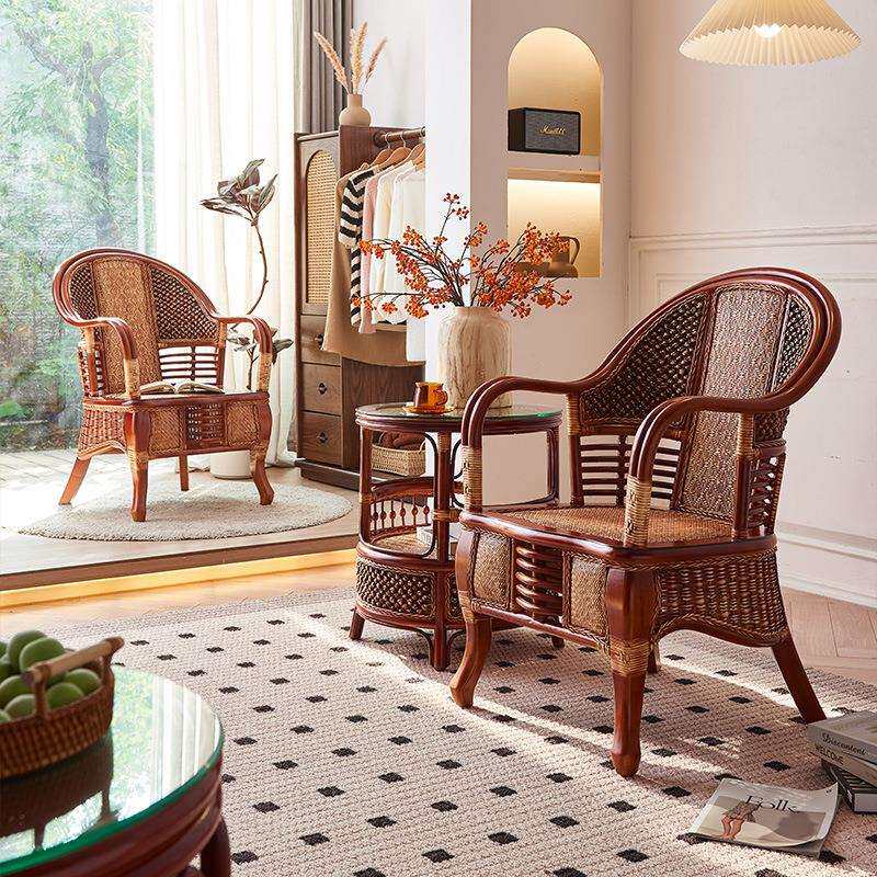 精藤居藤椅三件套东南亚阳台茶几组合高靠背老人民宿天然真藤编织