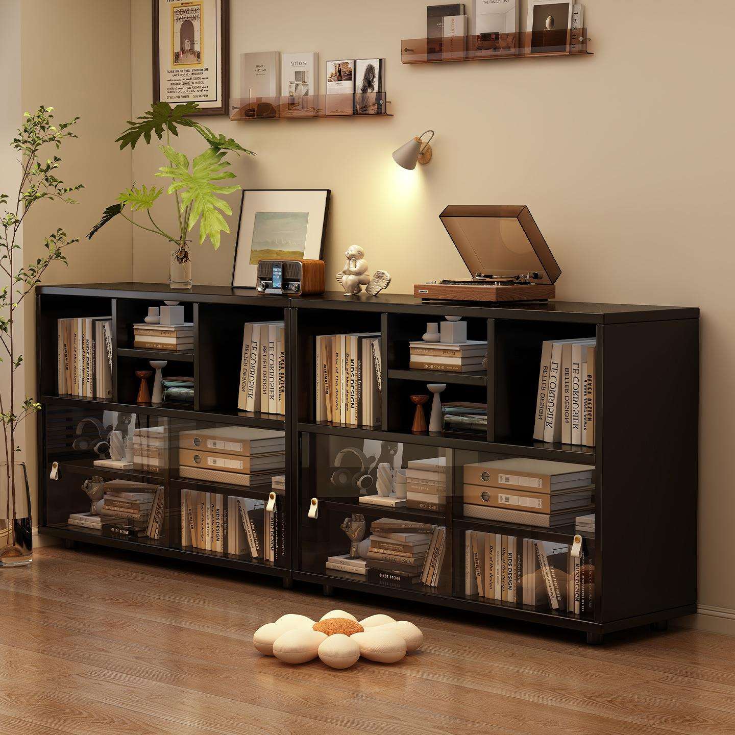 实木书柜矮柜落地家用储物柜客厅柜子一体靠墙带门书架收纳柜边柜