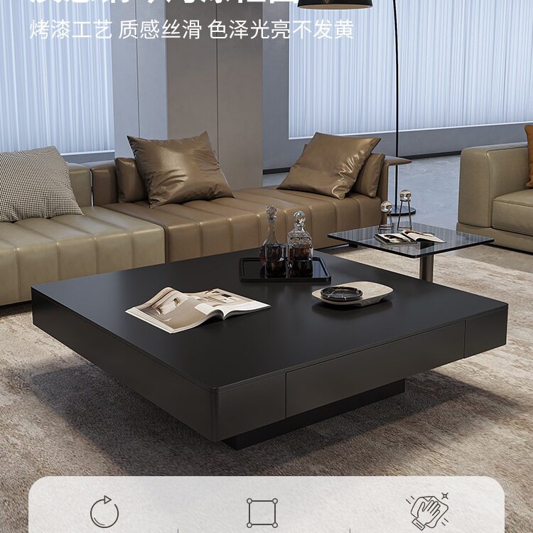 意式极简岩板黑色方形茶几小户型