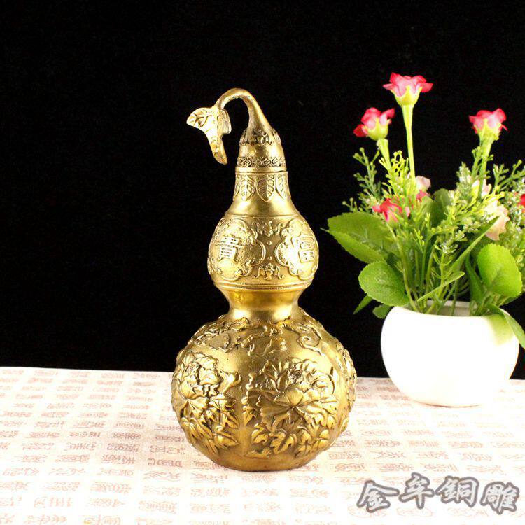 铜葫芦高20公分玉堂富贵牡丹葫芦摆件福禄金属铜器