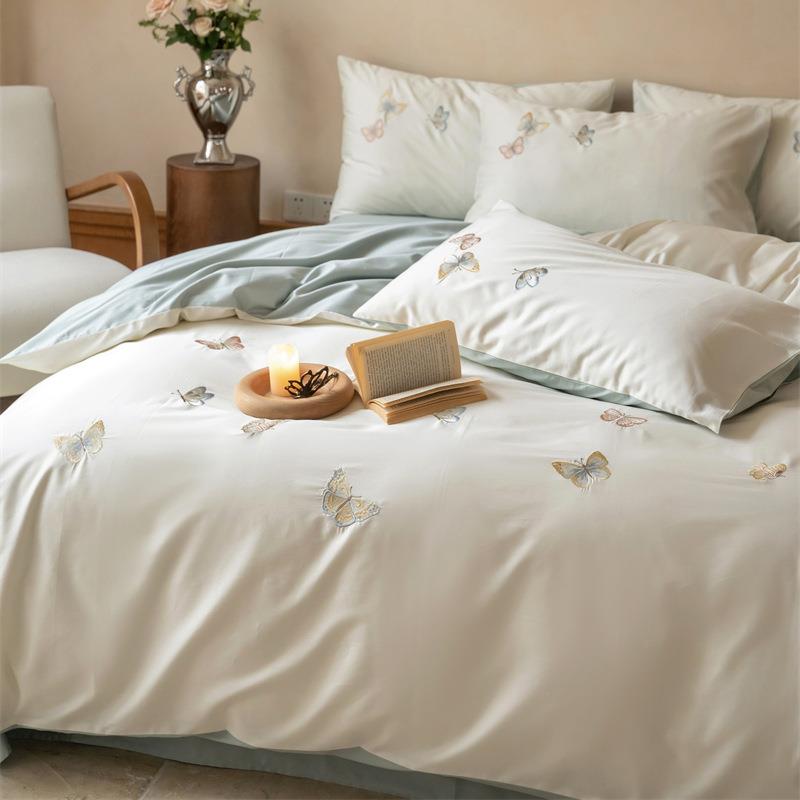 轻奢小清新蝴蝶刺绣全棉长绒棉四件套纯棉贡缎柔软被套床单床笠