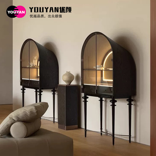 法式复古艺术感酒柜黑胡桃木纹设计师别墅豪宅老钱风收纳柜展示柜