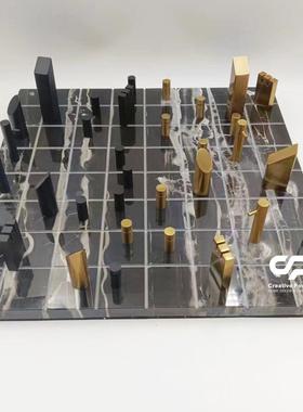 轻奢大理石金属国际棋盘几何摆件创意家居饰品