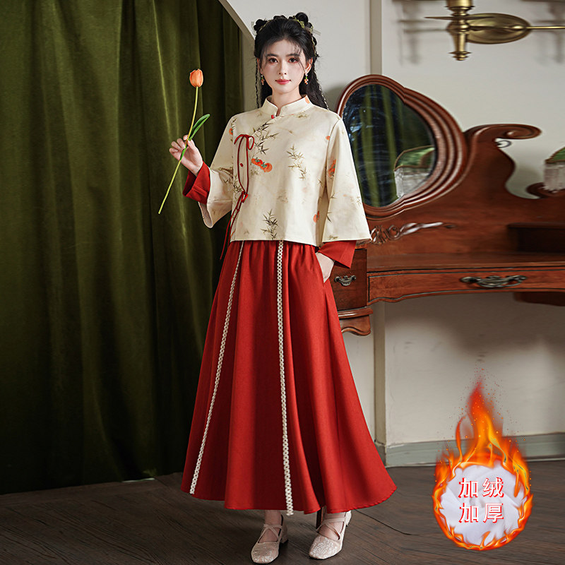 新款冬季中国风女装改良汉服民国风复古茶艺演出服伴娘服礼服套装