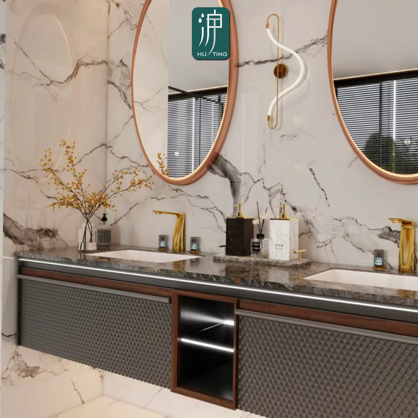 奢石无缝陶瓷盆实木意式轻奢风洗手台一体台盆浴室柜洗漱台洗脸池