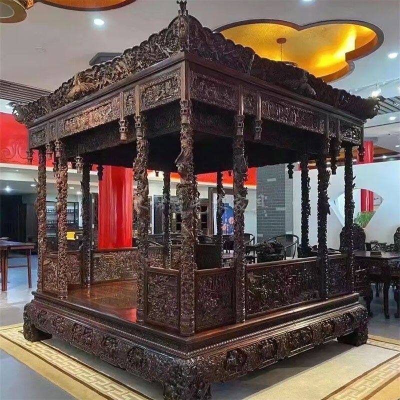 Villa antique solid wood hole bed rural shelf step full bedroom new red custom old-fashioned bed Chinese style bed classic