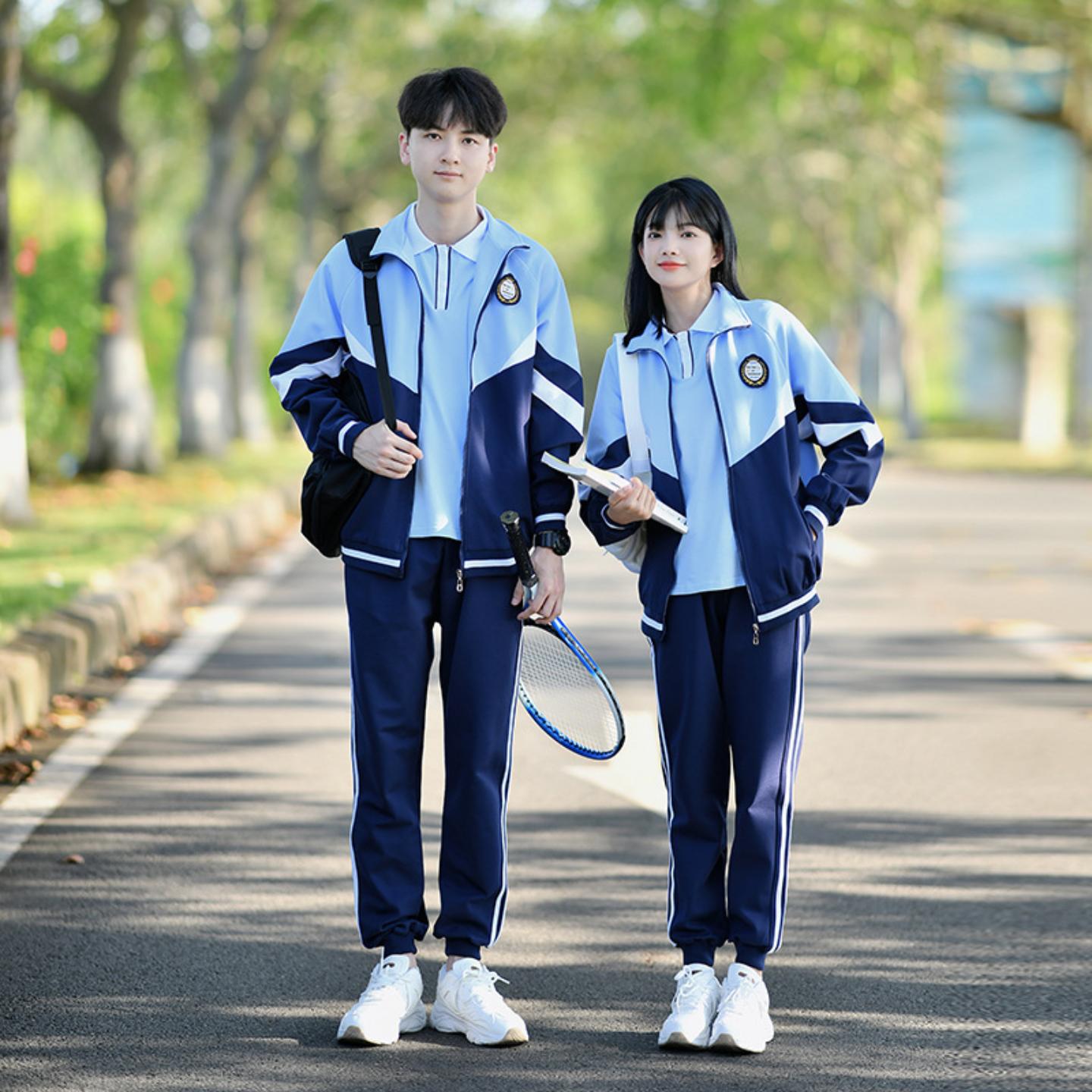初中班服学院风三件套秋季拼蓝外套小学高中生运动会校服短袖套装