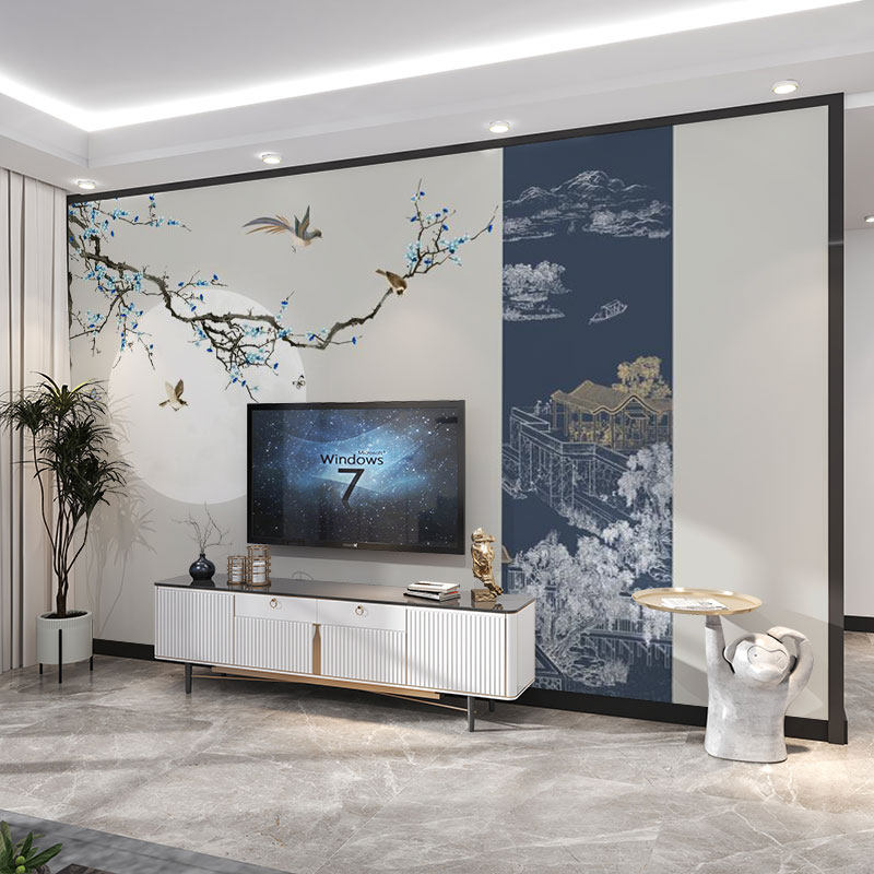 墙纸定制3d立体淡雅中式花鸟电视背景墙壁纸装饰壁布卧室墙布壁画