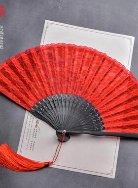 日式折扇蕾丝扇镂空中国古风扇子