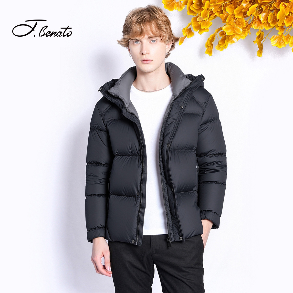 宾度男装25新款秋冬男士短款羽绒服男连帽加厚保暖外套黑色面包服