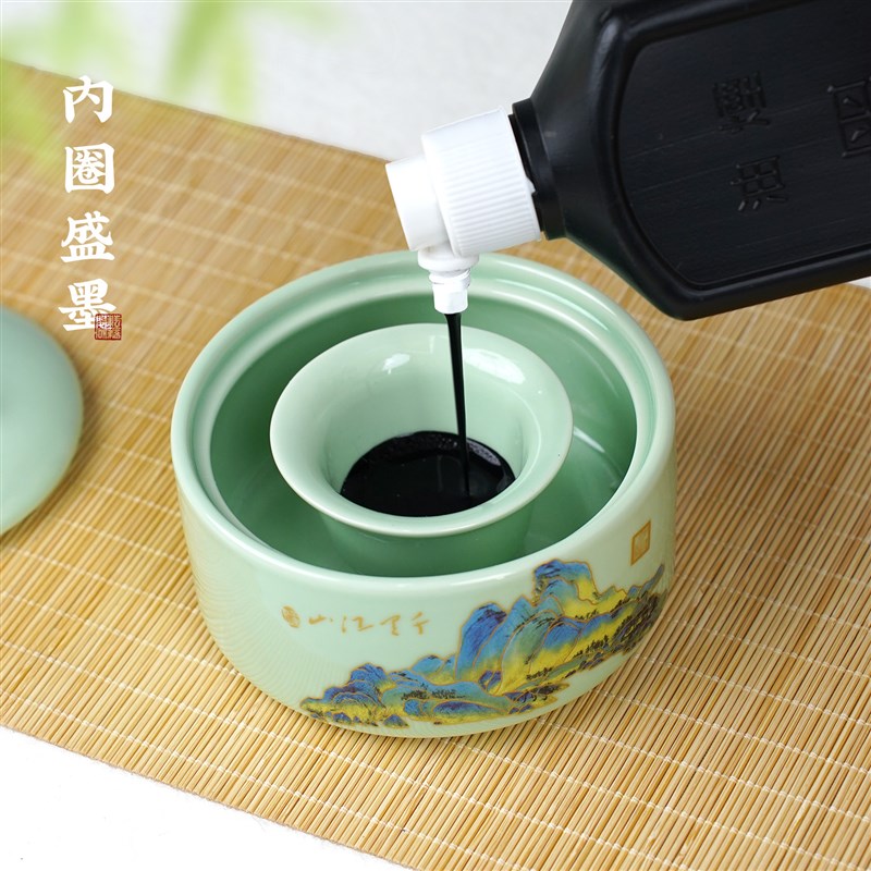 带盖火锅砚台陶瓷保湿墨池不干墨毛笔书法专墨汁墨盒墨海文房四宝