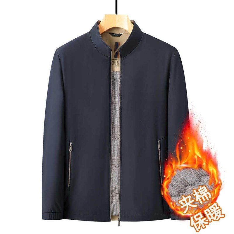 秋冬中年男士立领夹棉夹克爸爸装宽松大码外套中老年加厚保暖棉衣