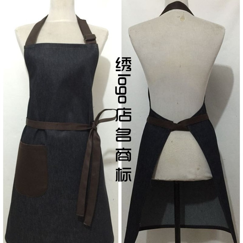 简约时尚牛仔围裙男女通用咖啡师套脖可调节定制logo广告围裙日式