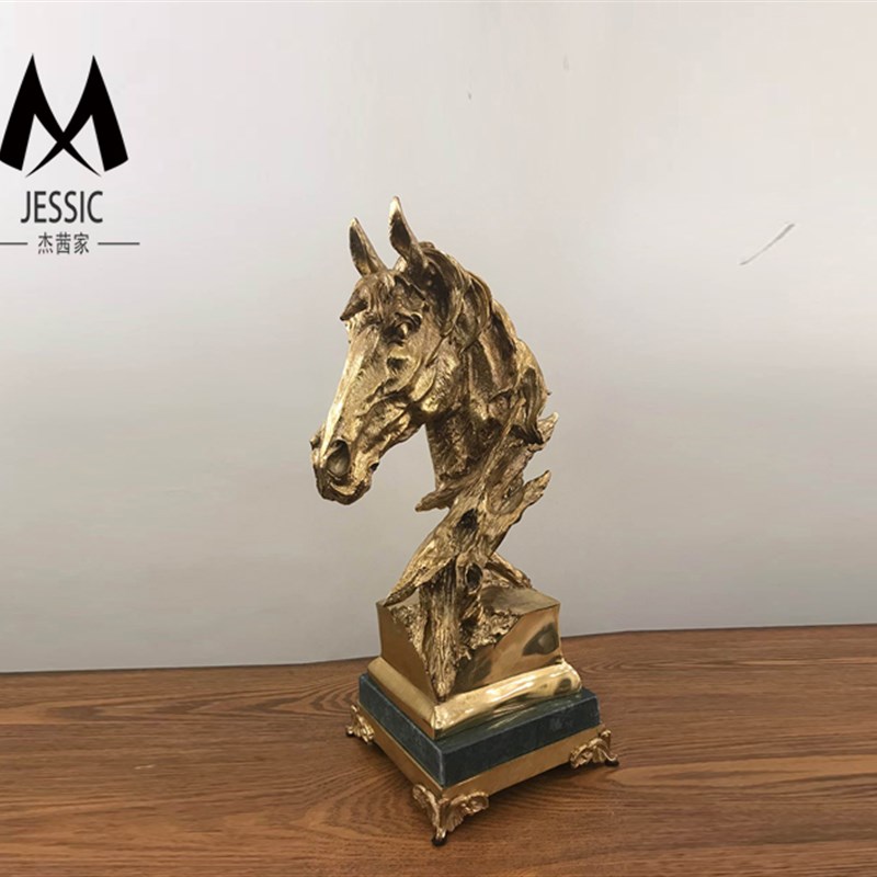 狮落高端纯铜艺术手工捏造大理石底座新款马头装饰摆件