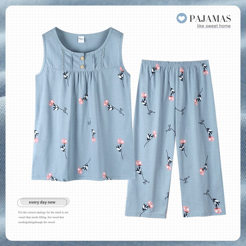 睡衣女士夏季纯棉薄款就加大码无袖背心七分裤中年妈妈款家居服套