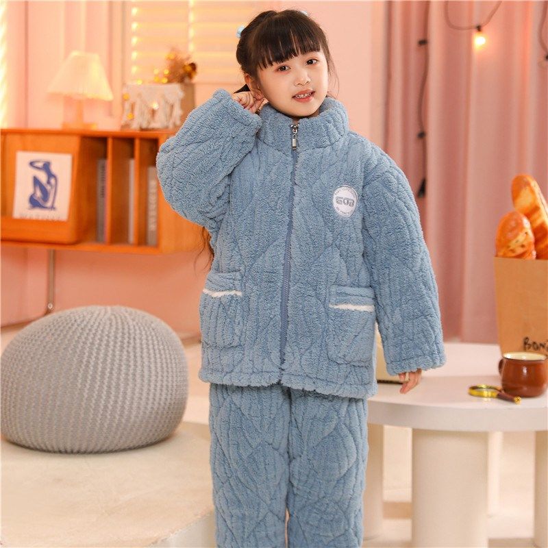 儿童睡衣女孩冬季三层夹棉珊瑚绒加厚款男童法兰绒拉链家居服套装