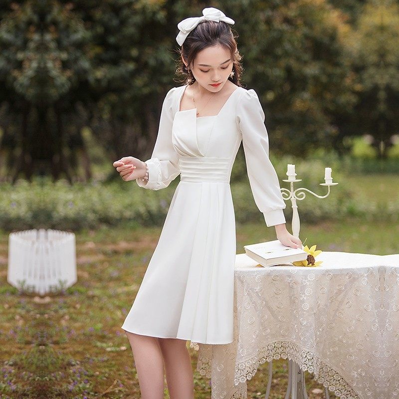 领证小白裙平时可穿登记法式秋冬个子缎面短款长袖订婚礼服连衣裙