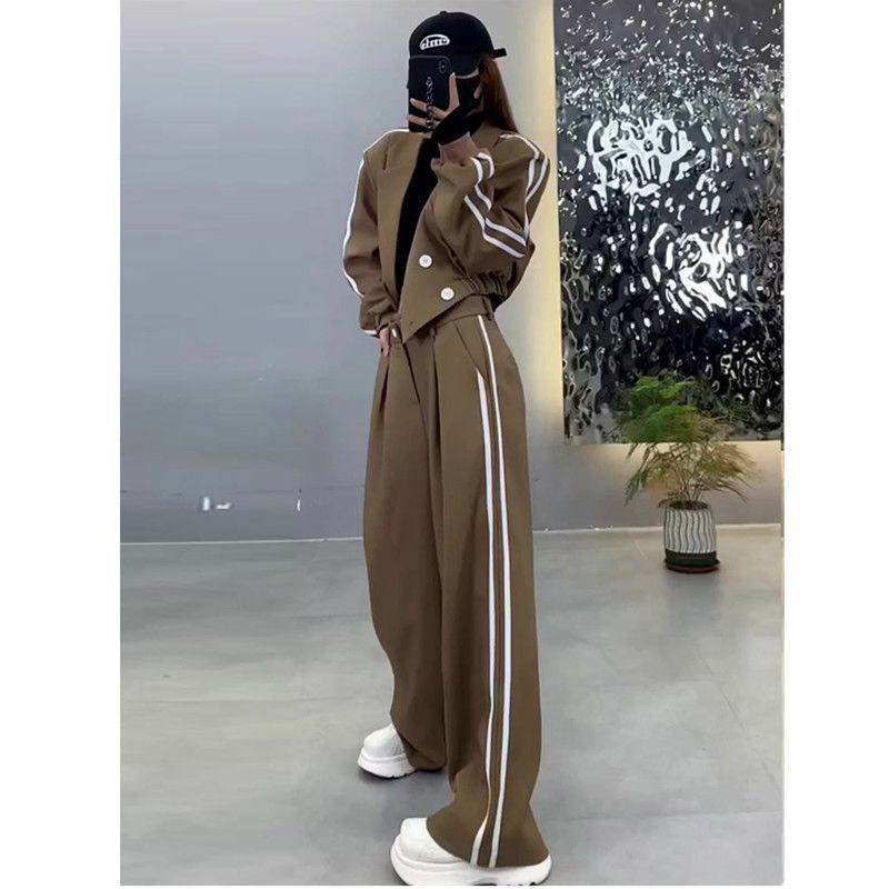两条杠西装套装女2023秋冬新款加厚西服外套高腰显瘦阔腿裤两件套