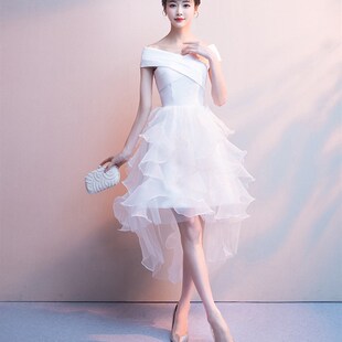 一字肩礼服裙女法式宴会气质伴娘服小个子短款连衣裙主持平时可穿