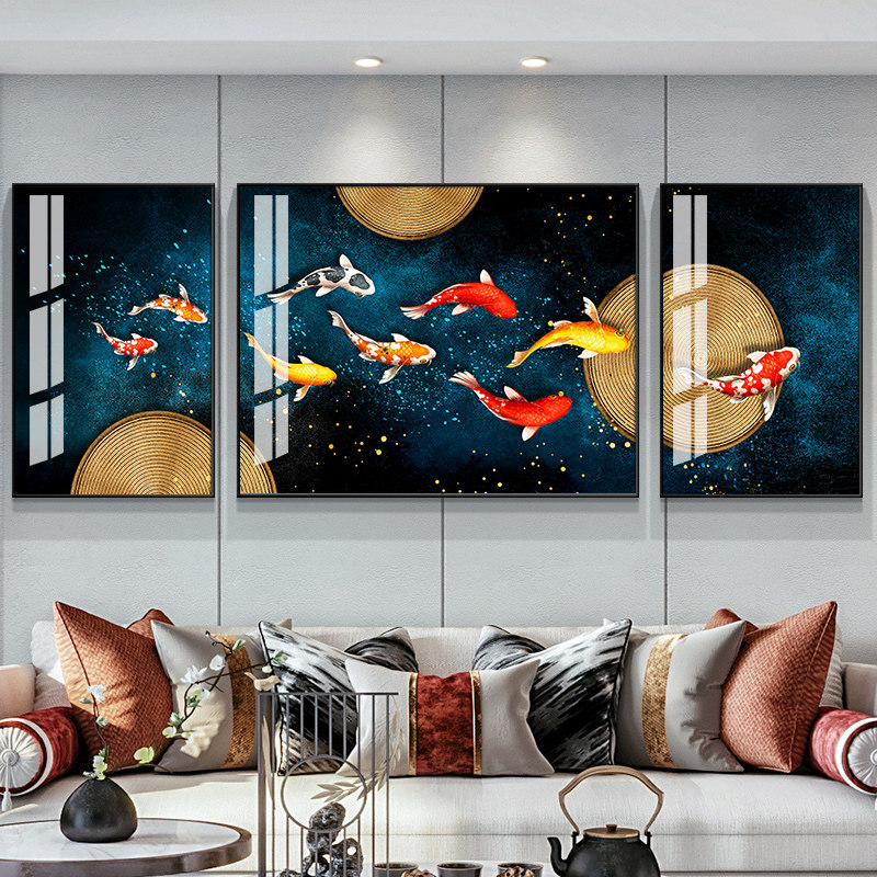 客厅装饰画新中式九鱼图招财挂画轻奢大气沙发后面的背景墙面壁画