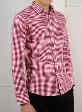 小格子衬衫男长袖红色蓝色黑白衬衣男生纯棉全男士装细休闲清新款