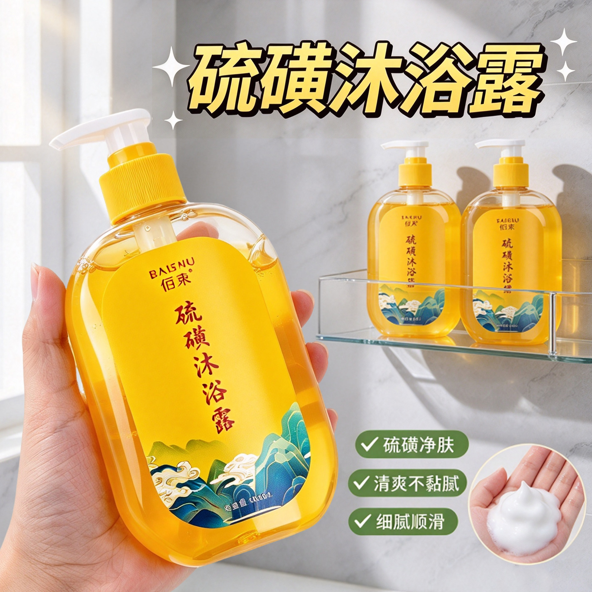佰束硫磺液体皂身体沐浴露皮肤清洁滋养男女士通用持久留香香皂