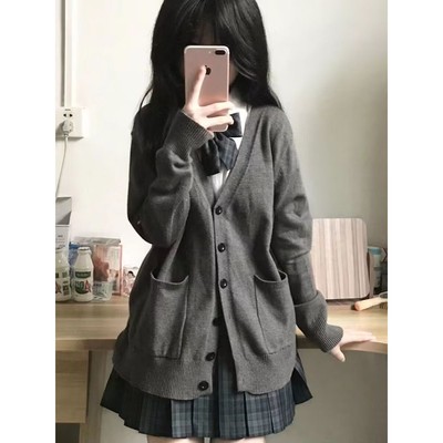 秋季日系学院风深灰色针织开衫白衬衫百褶格裙jk制服三件套装学生