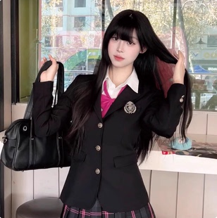 加厚高质感猫看花jk制服三粒扣浓绀色学院校供感秋冬 收腰西装