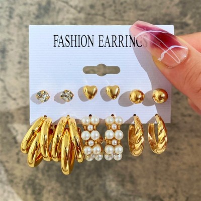 极速Earring Set 6 upieces 镶嵌珍珠麻花耳环套装6件金色爱心耳