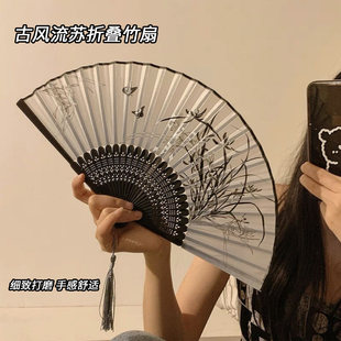新中式扇子古风折扇黑色旗袍汉服随身携带搭配马面裙的中国风跳舞