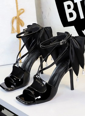 1297-1H100M欧美风鱼嘴露趾蝴蝶结珍珠黑色细跟超高跟外穿凉鞋女