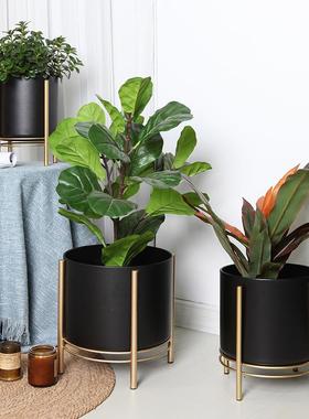 现代简约多肉阳台圆形黑色加厚铁艺花盆创意家居台面装饰花器