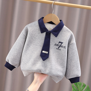 古卡恩男童加绒卫衣秋冬装小童宝宝加厚打底衫婴儿童男孩翻领上衣