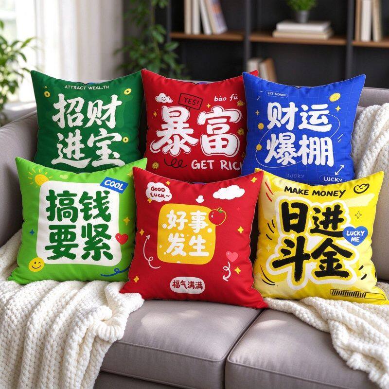 创意文字抱枕来财暴富靠枕男生女生宿舍靠垫沙发客厅抱枕枕套