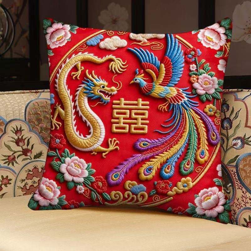 龙凤呈祥平面印花抱枕中式结婚抱枕红色喜庆结婚摆件婚房装饰靠垫