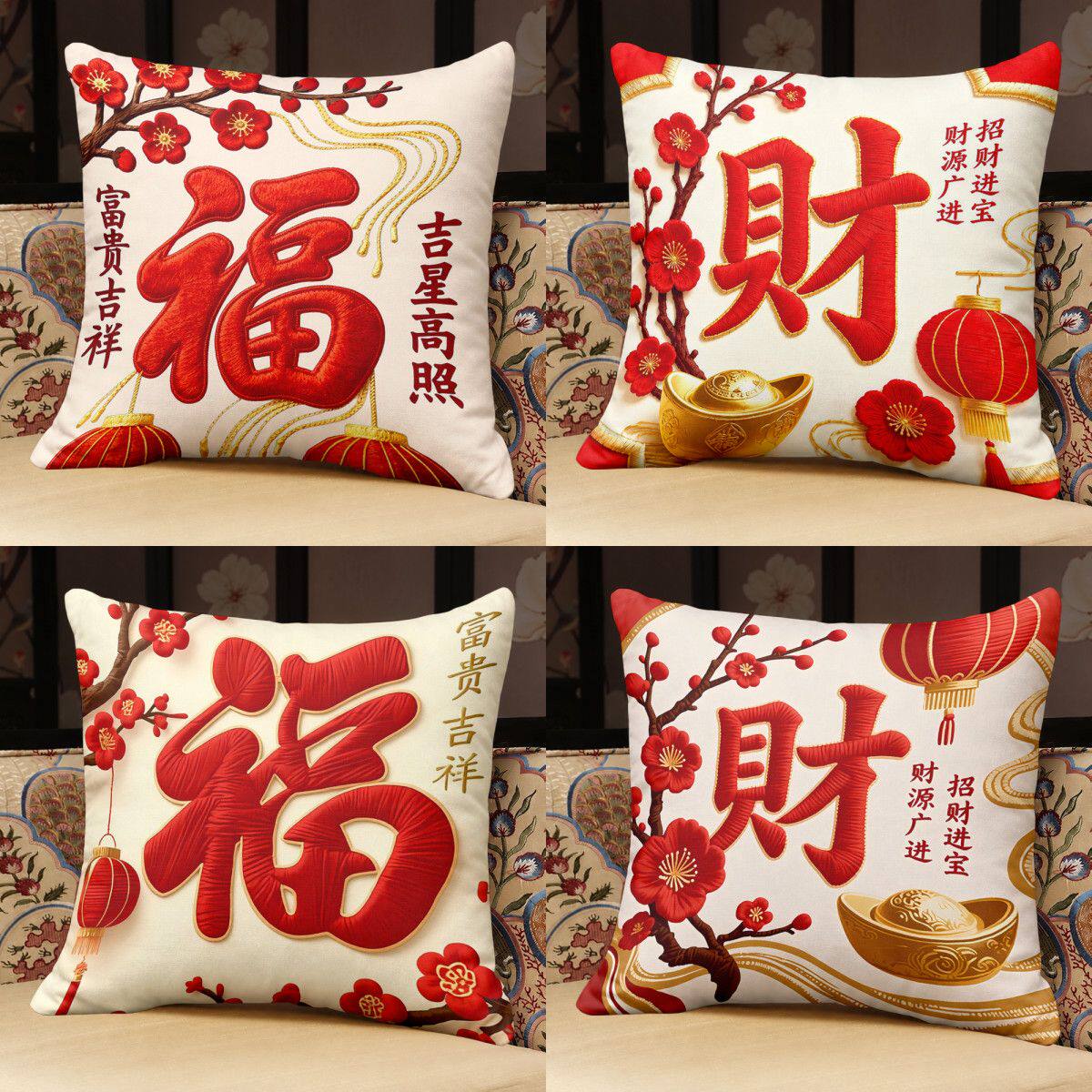 新年财源广进抱枕金马送福靠垫枕套房间家居装饰沙发摆件靠垫
