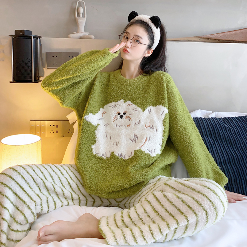 可爱小狗软绵绵睡衣女秋冬季加厚保暖甜美休闲珊瑚绒家居服圆领