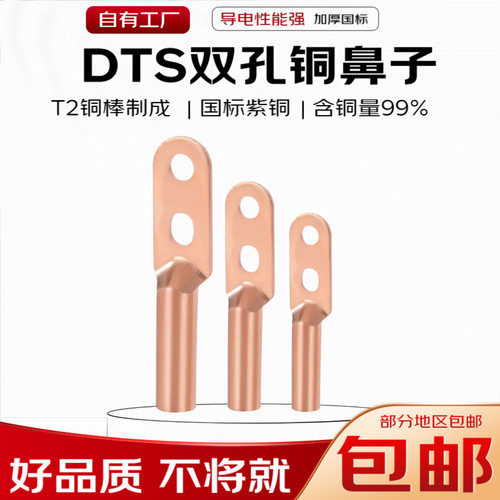 DTS双孔紫铜堵油型铜鼻子平方国标A级镀锡接线端子16-300平方