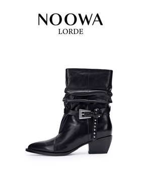 NOOWA粗跟骑士靴女2025秋款时尚尖头真皮增高百搭皮带扣堆堆短靴