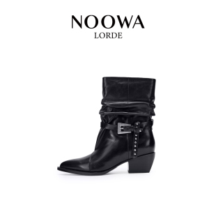 NOOWA粗跟骑士靴女2025秋款时尚尖头真皮增高百搭皮带扣堆堆短靴
