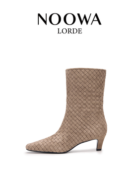 NOOWA编织时装靴女2025新款时尚复古细跟增高舒适百搭尖头中筒靴