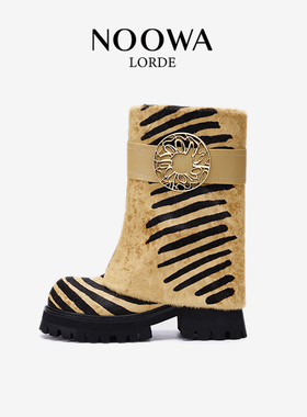 孟子义同款NOOWA中筒靴女2025秋冬真皮英伦风厚底增高马毛骑士靴