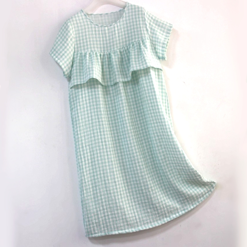 纯棉纱布睡裙夏季遮胸胸前荷叶边连衣裙防凸点全棉婴儿纱家居服夏