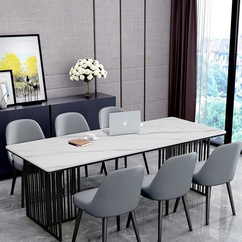 白色岩板会议桌北欧大理石长桌轻奢办公桌2米工作台洽谈桌椅组合