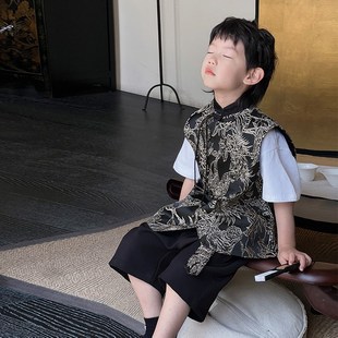 儿童新中式马甲夏季唐装男童背心周岁国潮汉服马甲礼服走秀演出服