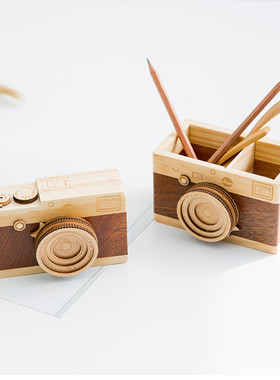 创意照相机音乐盒木质笔筒书房卧室办公桌摄影摆件装饰节日小礼物