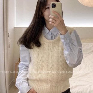 八奶!这个秋天温柔哭了 复古高级粗线毛衣马甲女 秋新款